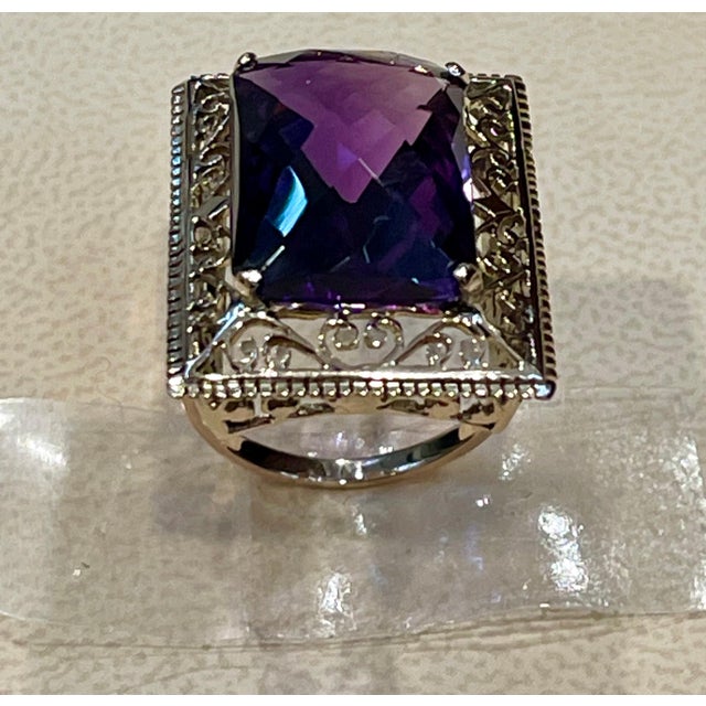 Metal 13.5 Carat Checker Board Amethyst Filigree Cocktail Ring in 14 Karat Yellow Gold For Sale - Image 7 of 18
