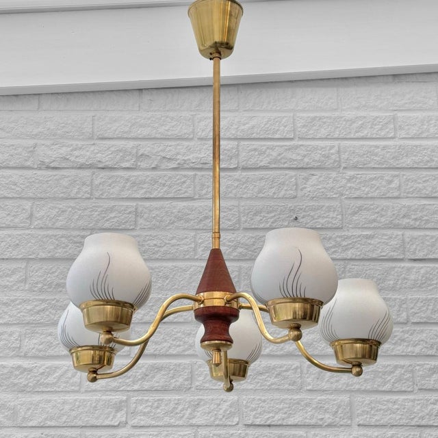 Scandinavian Modern Chandelier in Brass and Glass, Sweden, 1940s For Sale - Image 10 of 10