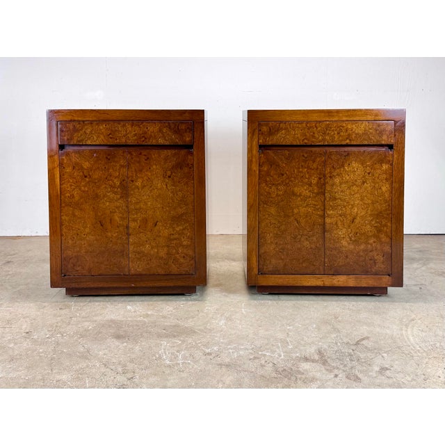 A gorgeous pair of mid century modern meets Hollywood regency Burlwood and walnut Milo Baughman style (unsigned)...