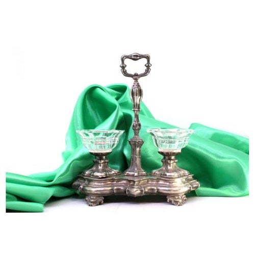 Silver Salt and Pepper Shaker with Glass Containers, Cutouts and Feet, Set of 3, in Very Good conditions. Designed before...