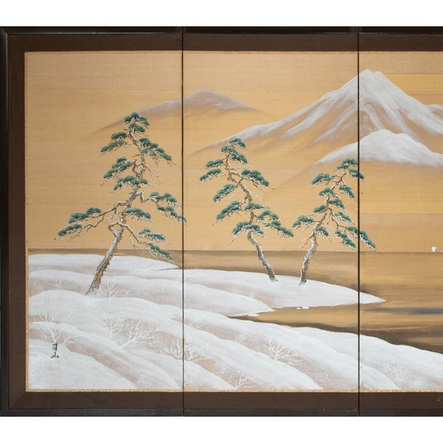 Japanese 1960s Shōwa Era Japanese Silk Byobu Screen "Mountain Landscape With Pine Trees" For Sale - Image 3 of 18