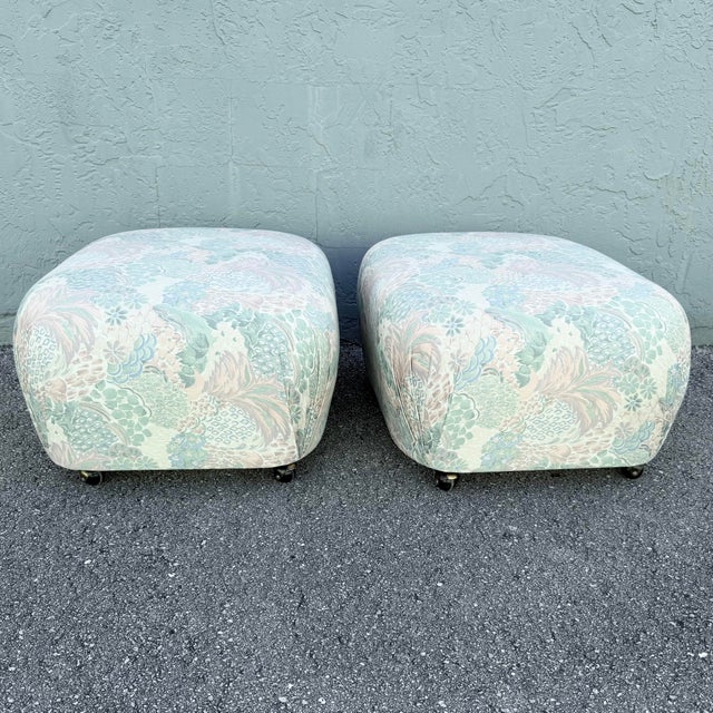 Green Postmodern Multicolored Floral Fabric Pouf Ottomans - A Pair For Sale - Image 8 of 10