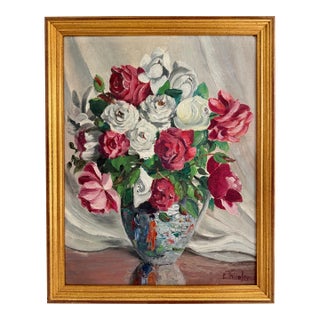 Mid-Century Roses in Chinoiserie Vase Oil Painting For Sale