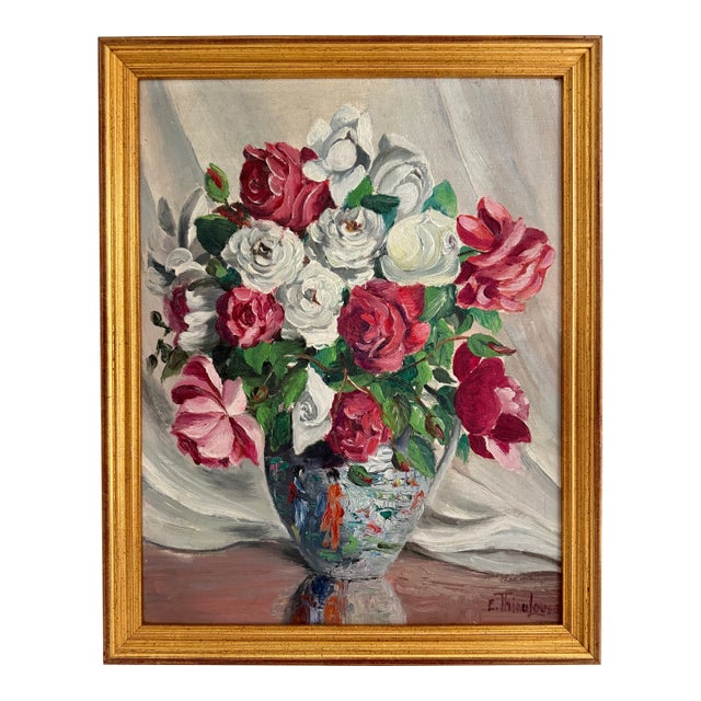 Mid-Century Roses in Chinoiserie Vase Oil Painting For Sale