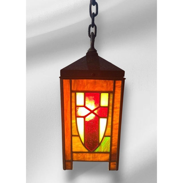 1910s Arts and Crafts Leaded Glass Chandelier For Sale - Image 4 of 10