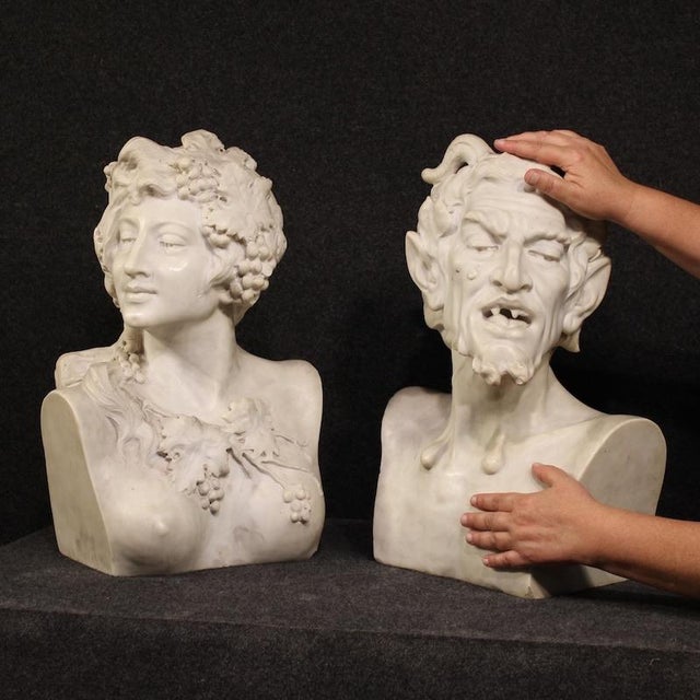 Satyr and Bacchante, 1880, White Marble Sculptures, Set of 2 For Sale - Image 11 of 13