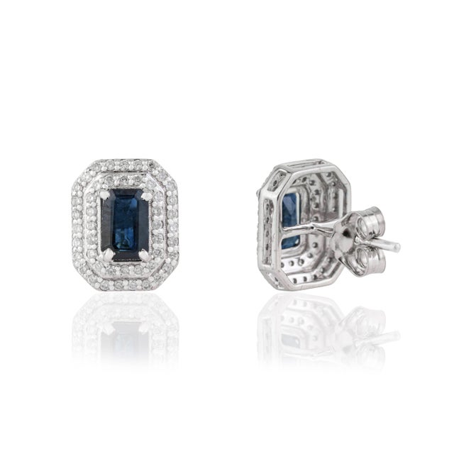Metal 1.46ct Blue Sapphire & Diamond Double Halo Art Deco Earrings in 14k Gold- A Pair For Sale - Image 7 of 16