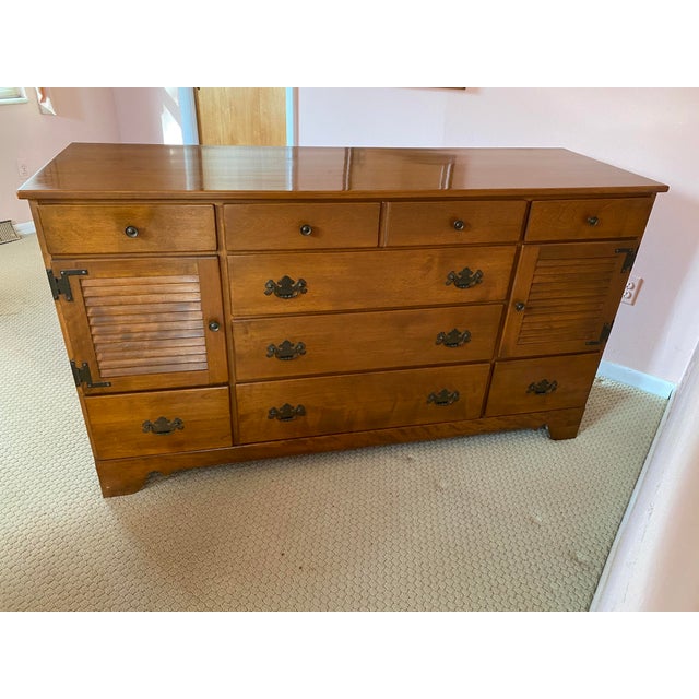 Ethan Allen Heirloom Nutmeg Maple Colonial Style 62” Shutter Door Triple Dresser Chairish