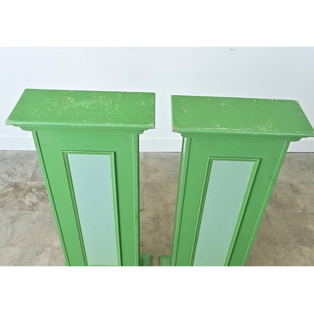 Green Early 20th Century Pair of French Narrow Painted Paneled Pedestals For Sale - Image 8 of 11