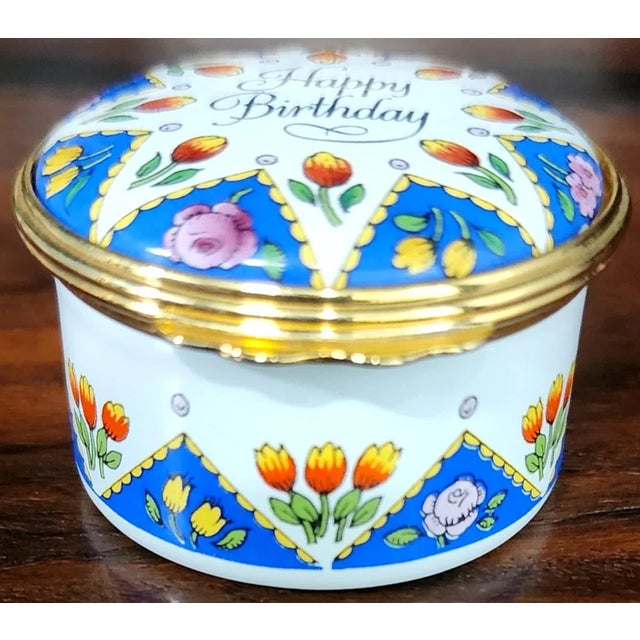 Bilston & Battersea English Fine Enamel "Happy Birthday" Round Box For Sale - Image 10 of 10