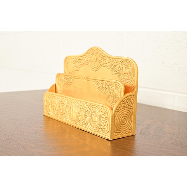 Art Deco Tiffany Studios New York Zodiac Pattern Bronze Doré Letter Rack For Sale - Image 3 of 14