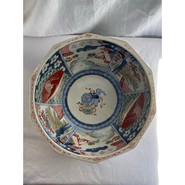 Large 19th Century Japanese Imari Octagonal Bowl With Karashishi & Landscape Panels For Sale - Image 15 of 18