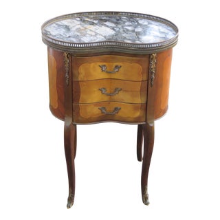 French Marble Top Inlay Tall Kidney Shape Nightstand Side Bedside Table For Sale