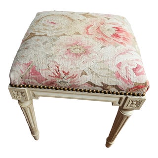 Vintage French Style Vanity Stool or Ottoman With Aubusson Covering 1980s For Sale