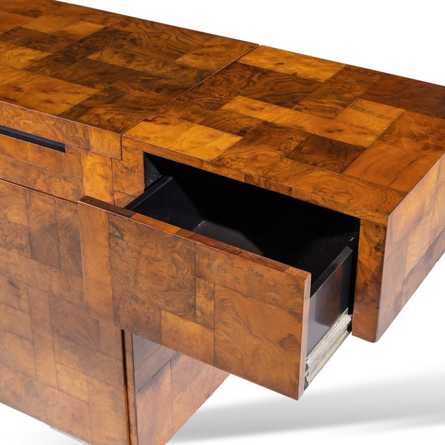 Wood Paul Evans for Directional Mid Century Patchwork Burlwood T Bar Console Table For Sale - Image 7 of 9