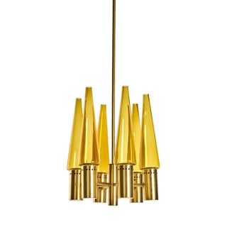 Ceiling Lamp in Brass and Amber Colored Glass by Hans-Agne Jakobsson for Hans-Agne Jakobsson Ab Markaryd, 1950s For Sale