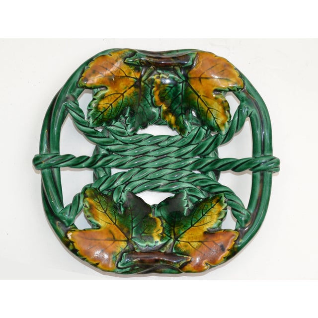 Vallauris France Glazed Woven Ceramic Basket Dark Green Fall Motif Pottery 70 For Sale - Image 12 of 12