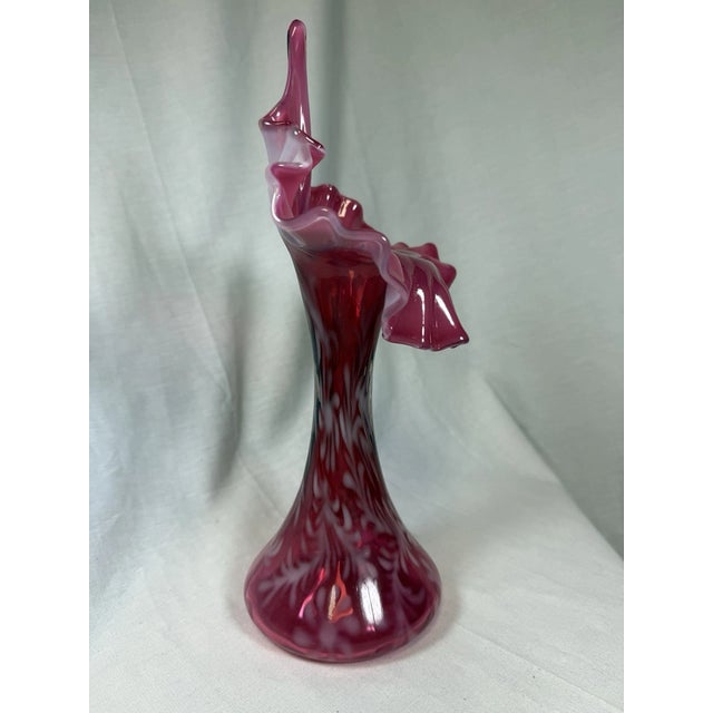Mid-Century Modern Vintage MCM Fenton Cranberry Pulpit Fern Opalescent Tulip Vase For Sale - Image 3 of 7