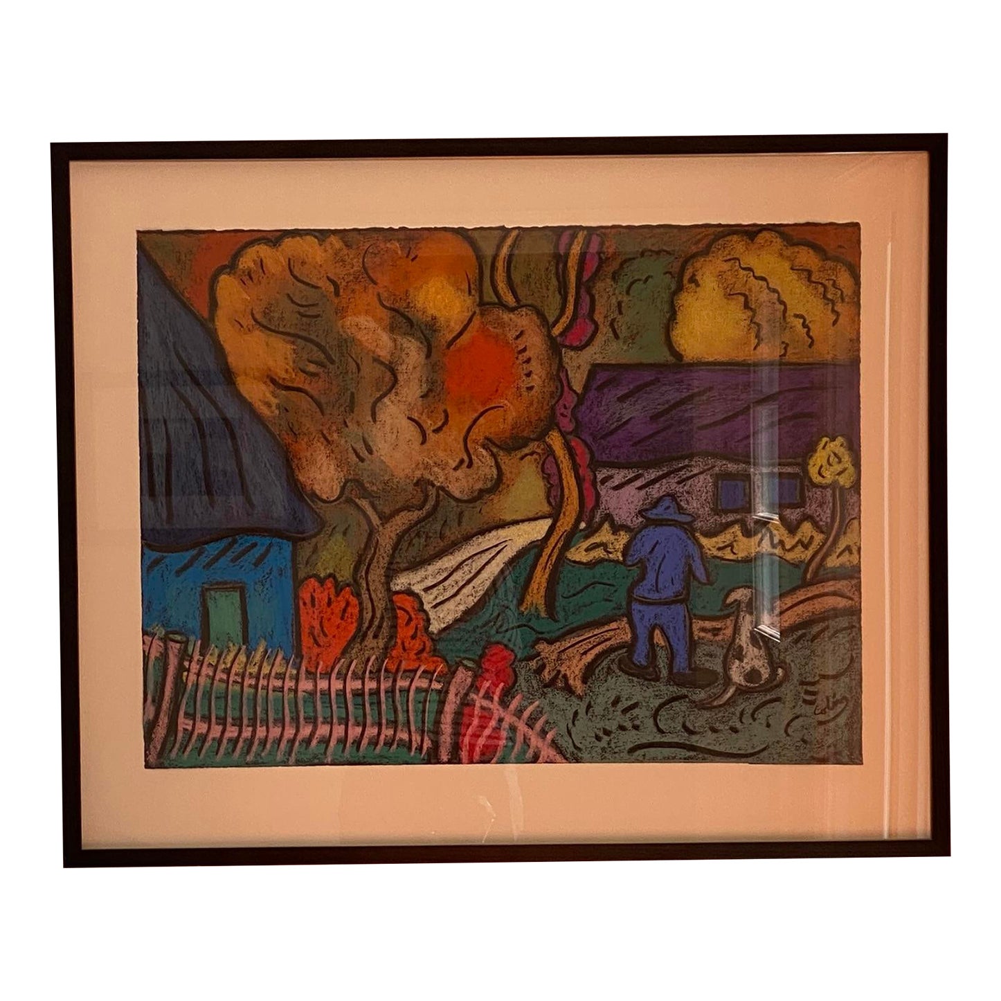 Vintage Large Framed Pastel by Colin Folk and Outsider Art