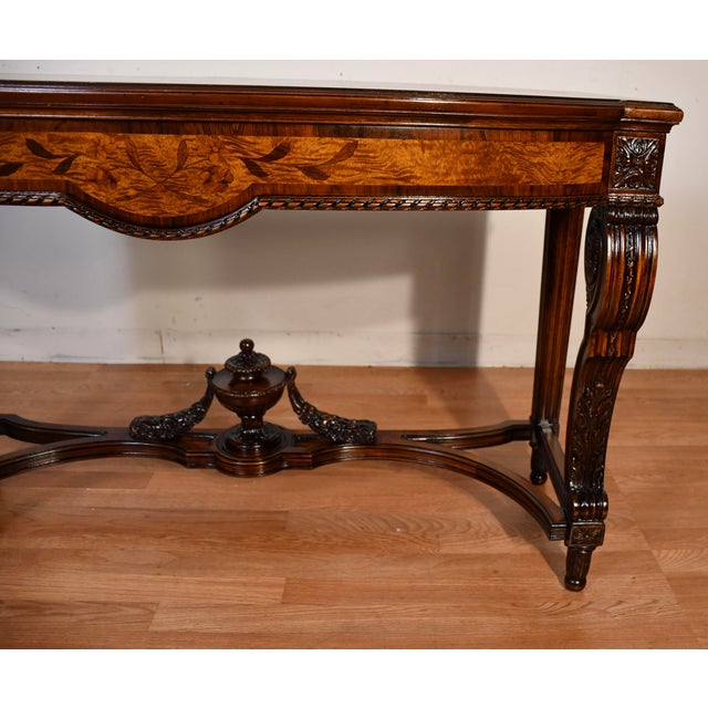 French 1900s Antique French Louis XVI Walnut & Satinwood Inlay Console Table For Sale - Image 3 of 18