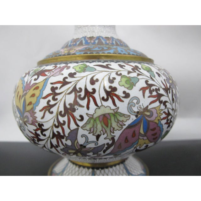 Metal Chinese White Enamel Cloisonne Colorful Butterfly & Flower Vase Pair For Sale - Image 7 of 12