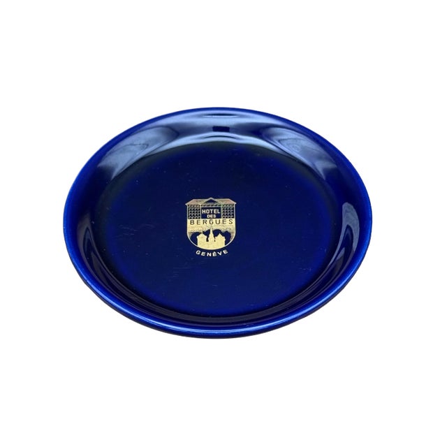 Mid-Century Modern Vintage Hotel Des Bergues Geneva Switzerland Cobalt Blue Catchall Vide Poche For Sale - Image 3 of 7