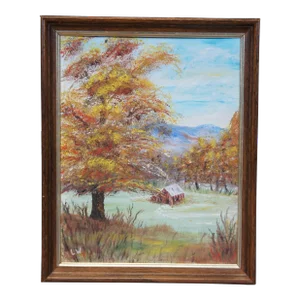 Vintage Autumn Country Farmhouse Red Barn Landscape Oil Painting on Board 16"