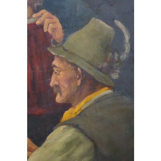 Brown Antique Flemish Tavern Scene Oil Painting on Board Signed After David Teniers For Sale - Image 8 of 12