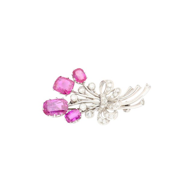 1960s Agl Certified No Heat Ceylon Pink Sapphire and Diamond Platinum Floral Brooch For Sale - Image 5 of 8