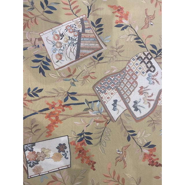 Handwoven silk and wood pile Aubusson rug featuring a Japanese design with a gold-colored field and border accented in...