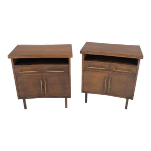 Walnut Solid Brass Pulls Mid-Century Modern Nightstands Cabinets - A Pair