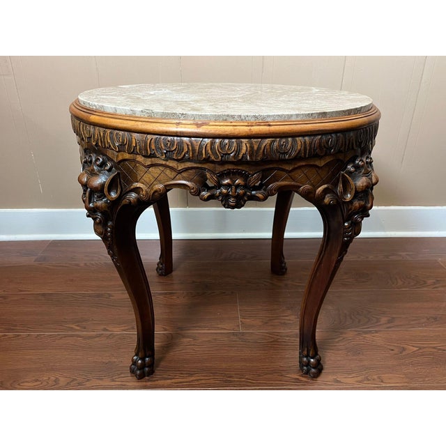 Antique French Renaissance Revival Center Table Round Marble Carved Walnut C1900 For Sale - Image 4 of 18
