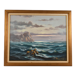 Framed Signed Rocky Coastline Oil on Canvas