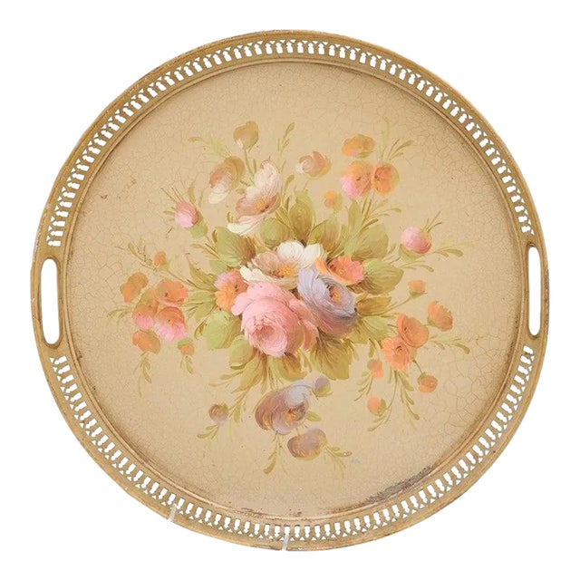 Early 20th Century French Tôle Tray with Hand-Painted Bouquet of Roses and Pierced Gallery For Sale