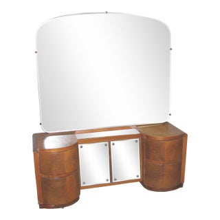 Vintage Art Deco Wooden Curved Mirrored Vanity For Sale