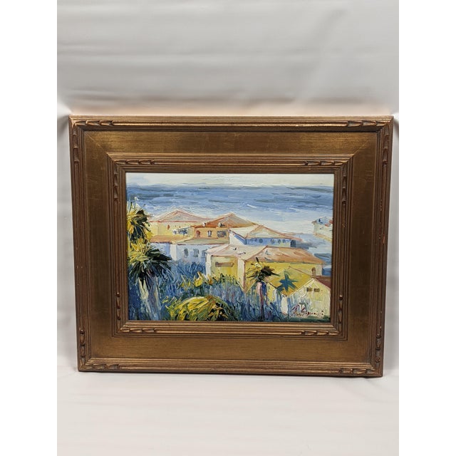Late 20th Century Ray Simonini Mediterranean Village Oil Painting, Heavy Impasto, Blue & Gold For Sale - Image 16 of 18