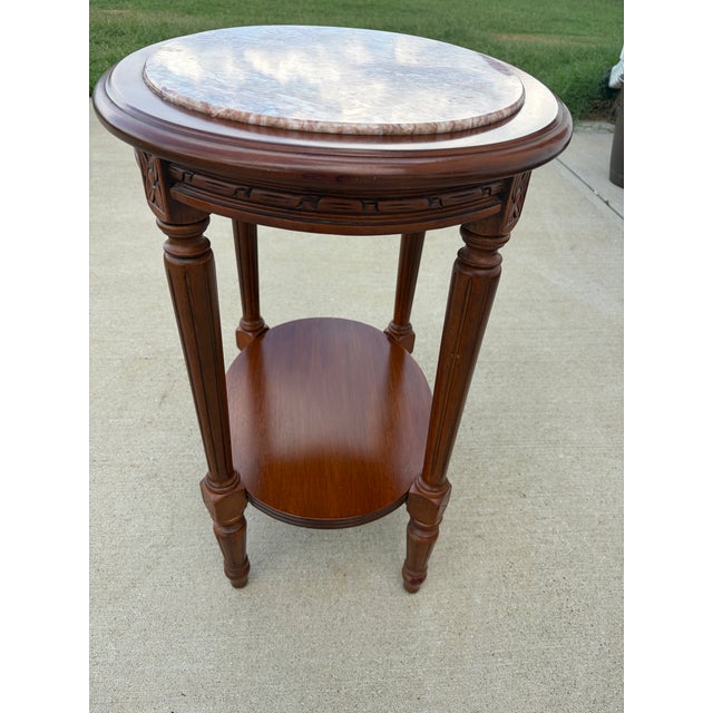 Vintage Louis XVI Style Oval Rose Marble-Top Carved Wood Side Table For Sale - Image 4 of 6