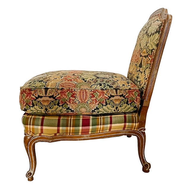 Late 20th Century Louis XV Style Oversized Tapestry & Plaid Slipper Chairs by Wesley Hall - A Pair For Sale In San Diego - Image 6 of 11
