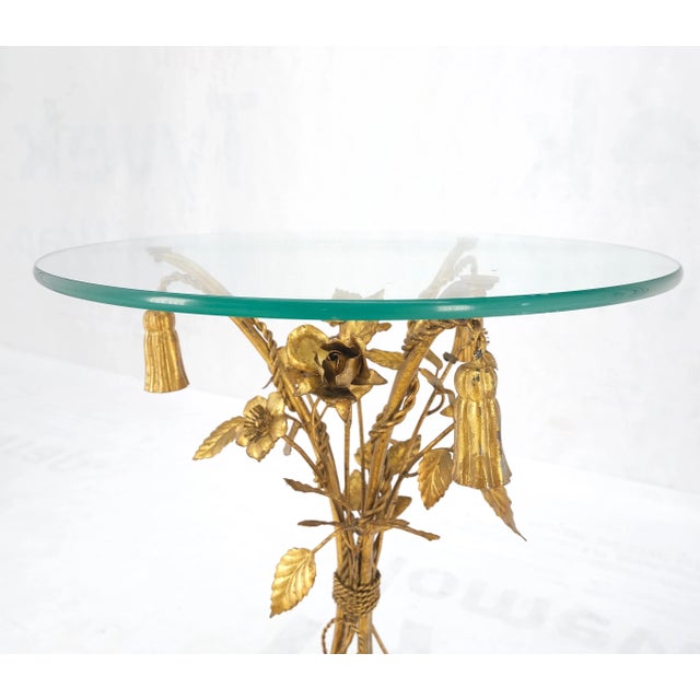 Italian Decorative Gilt Metal Flowers Round Thick Glass Top Side End Lamp Table MINT!