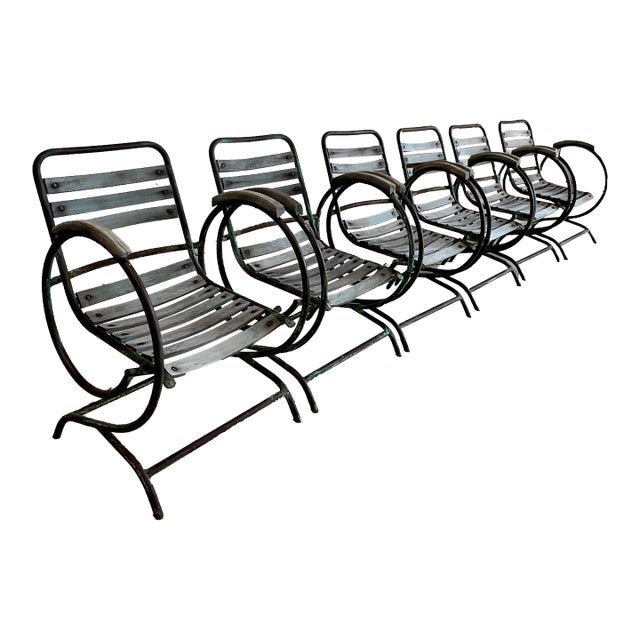 Antique French Wood and Metal Bouncer Garden Chairs - Set of 6 For Sale