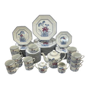 Rare - Fitz and Floyd Lotus Bleu 73 Piece Porcelain Dinnerware Service for 12 - Circa 1978