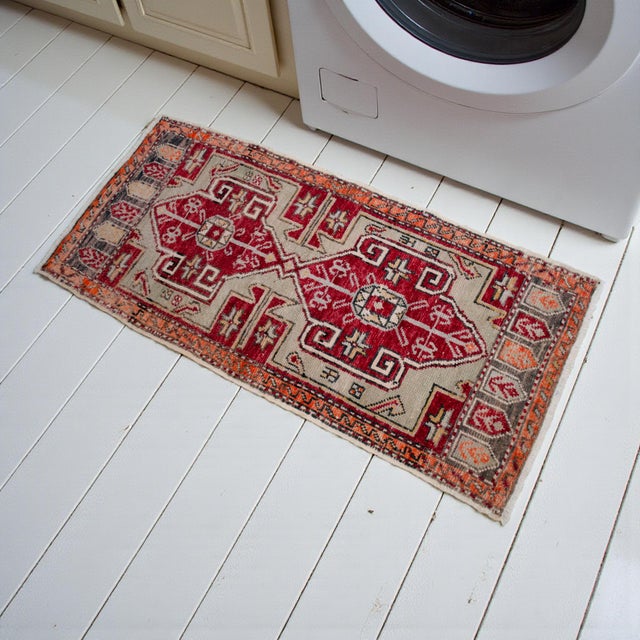 Hollywood Regency 1960s Hand Knotted Door Mat, Entryway Rug, Bath Mat, Kitchen Decor, Small Rug, Turkish Rug - 22"x47" For Sale - Image 3 of 12