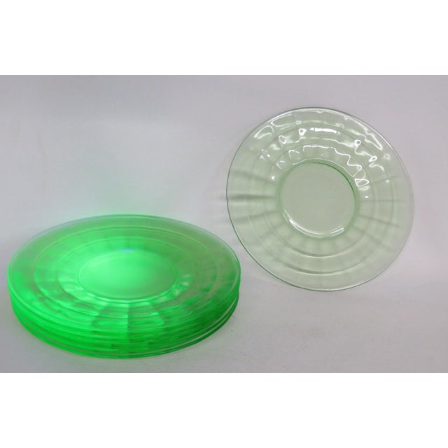 Art Deco Early 20th Century Anchor Hocking Uranium Depression Glass Plates Block Optic Green - 6pc For Sale - Image 3 of 13