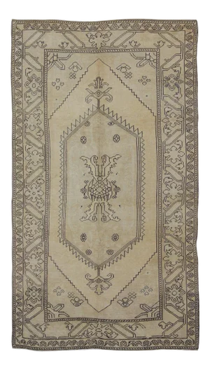 Vintage Cream and Charcoal Turkish Oushak Rug With Stylized Medallion Design