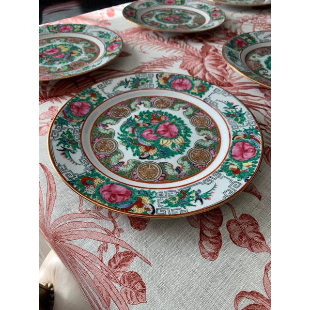 Mid 20th Century Famille Rose Medallion Hand Painted Porcelain Dinner Plates Set of 12 For Sale - Image 5 of 12