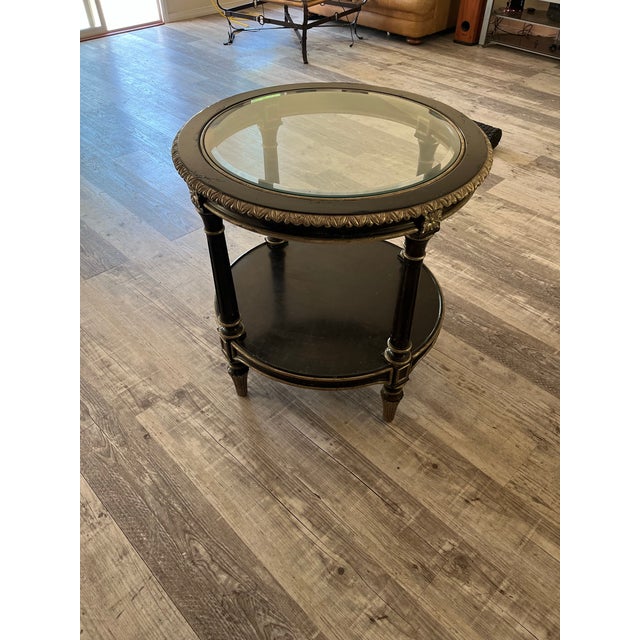 Neoclassical Marge Carson Neoclassical Style Ebonized & Silver-Gilt Two-Tier Side Table For Sale - Image 3 of 10