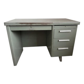 Mid-Century Vintage Steelmaster Seafoam Green Industrial Steel Tanker Desk For Sale