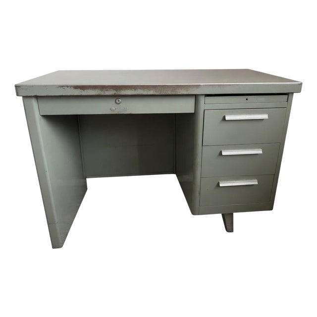 Mid-Century Vintage Steelmaster Seafoam Green Industrial Steel Tanker Desk For Sale