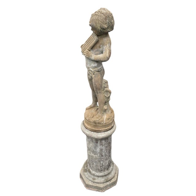 Stone Vintage Cast Stone Centerpiece Fountain Featuring a Pan Flute Playing Putto on a Column For Sale - Image 7 of 12