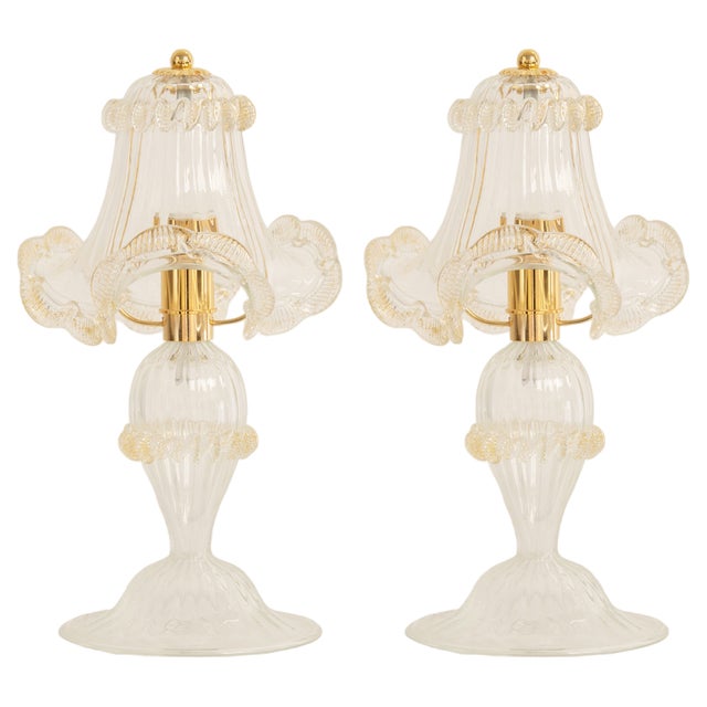 Murano Glass Table Lamps in Crystal Color Line Straight & Gold Leaf, Italy, 2000s, Set of 2 For Sale